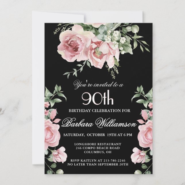 Elegant Handpainted Roses  90th Birthday Party  Invitation (Front)