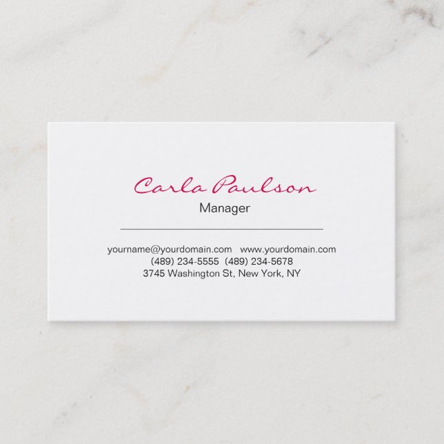 Elegant Handwriting Carmine White Business Card (Front)