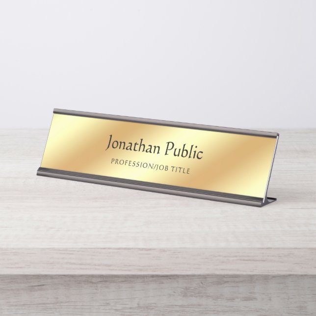 Elegant Handwriting Name Text Modern Gold Template Desk Name Plate (Front)