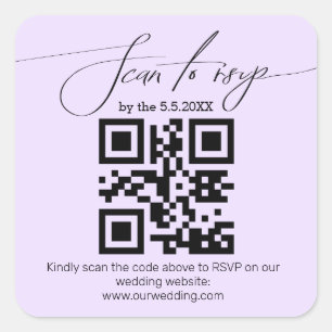 elegant handwriting rsvp qr code wedding purple square sticker