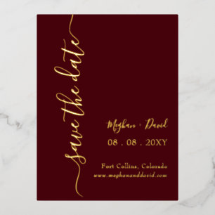 Elegant Handwritten Burgundy Save the Date Foil Invitation Postcard