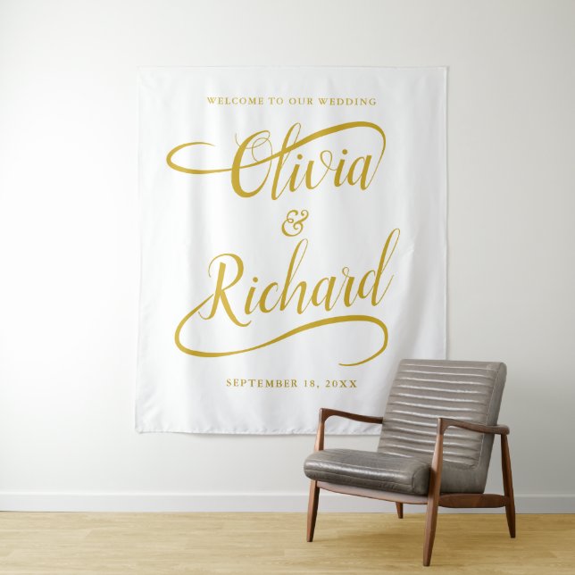 Elegant Handwritten Gold Swash Calligraphy Wedding Tapestry (In Situ)