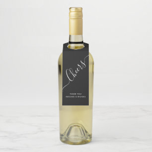 Elegant Handwritten Script Black White Cheers Bottle Tag