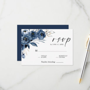 Elegant Handwritten Script Blue Floral Wedding RSVP Card