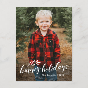 Elegant Handwritten Script Branch Photo Holiday Postcard