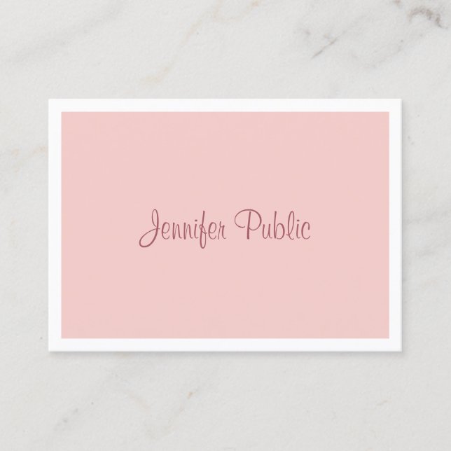 Elegant Handwritten Script Modern Blush Pink White Business Card (Front)
