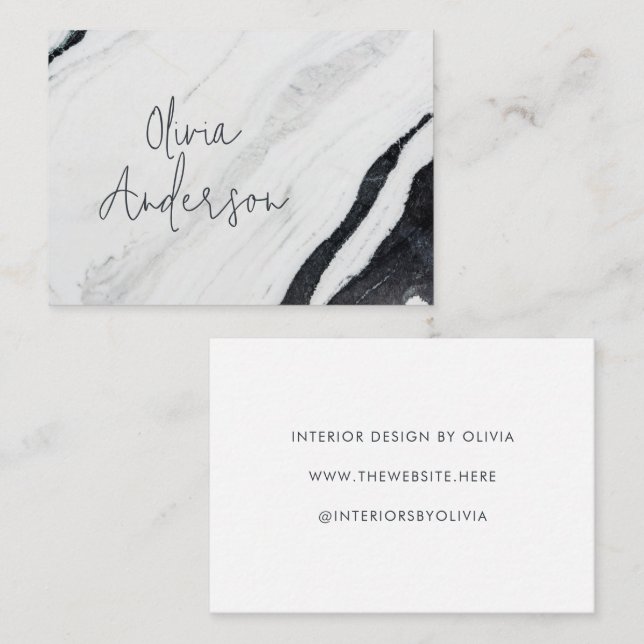 Elegant Handwritten Script Name Black White Marble Business Card (Front/Back)