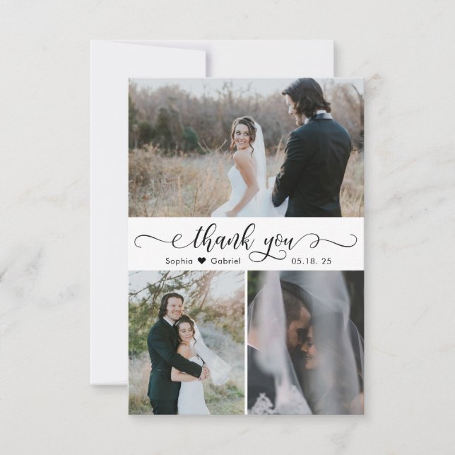 Elegant Handwritten Script Wedding Photo Collage  Thank You Card (Front)
