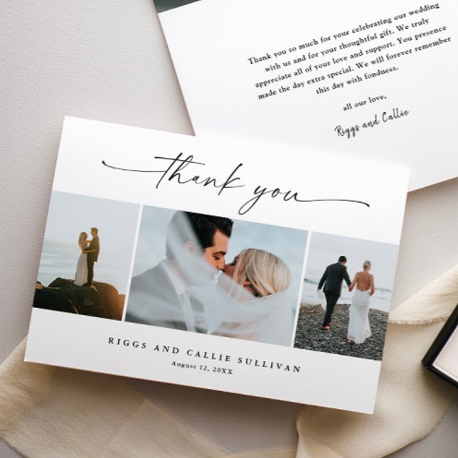 Elegant Handwritten Script Wedding Photo Thank You Card (Elegant handwritten wedding photo folded thank you cards.)