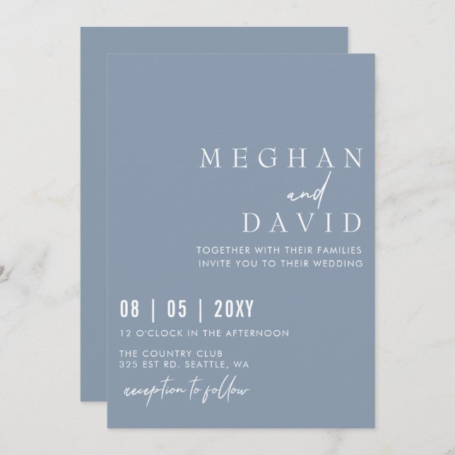 Elegant Handwritten Simple Dusty Blue Wedding Invitation (Front/Back)