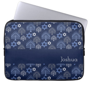 Elegant Hanukkah Menorah Blue Holiday Pattern Laptop Sleeve