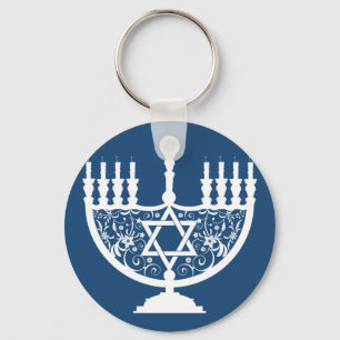Elegant Hanukkah Menorah with Floral Star of David Key Ring
