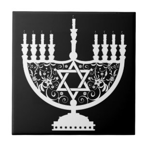 Elegant Hanukkah Menorah with Floral Star of David Tile