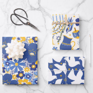 Elegant Hanukkah Pattern Yellow and Blue Gift Wrapping Paper Sheet