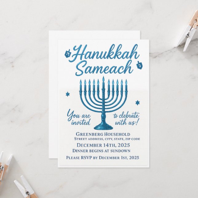 Elegant Hanukkah Sameach Dinner Invitation (Front/Back In Situ)