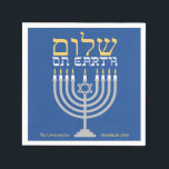 Elegant Hanukkah Shalom Peace on Earth Napkin<br><div class="desc">Elegant Hanukkah Shalom Peace on Earth Party Napkins - fun and festive for your holiday party. Blue background with a silver menorah and elegant gold Hebrew lettering. Easy to customise with text, fonts, and colours. Created by Zazzle pro designer BK Thompson exclusively for Kate’s Creations; please contact us if you...</div>