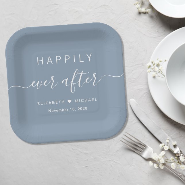 Elegant Happily Ever After Dusty Blue Wedding Paper Plate (Creator Uploaded)