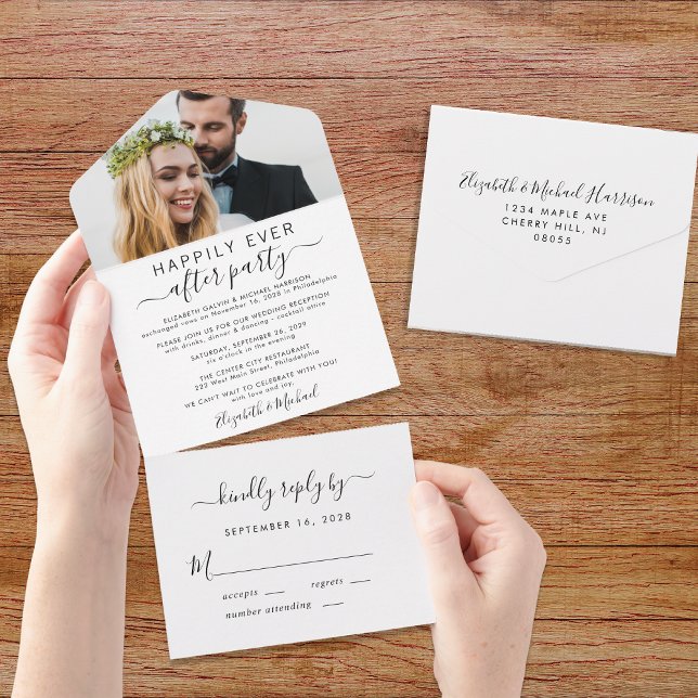 Elegant Happily Ever After Photo Wedding Reception All In One Invitation (An chic Happily Ever After Party all-in-one invitation for your wedding celebration)