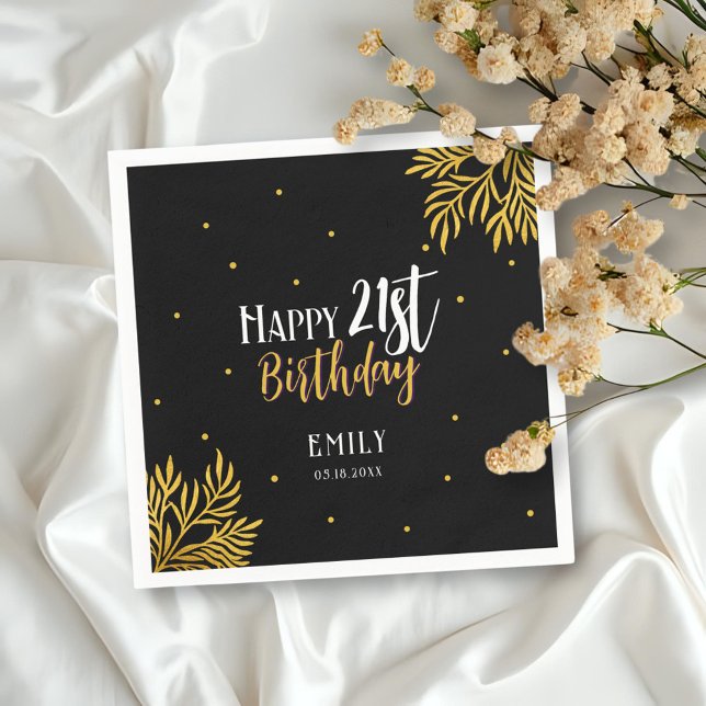 Elegant Happy 21st Birthday Gold Foliage Party Napkin (Creator Uploaded)