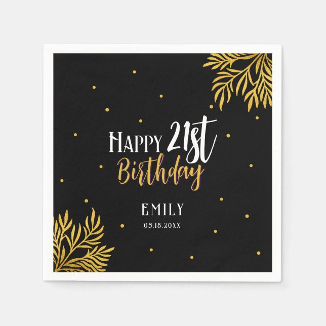 Elegant Happy 21st Birthday Gold Foliage Party Napkin (Front)