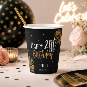 Elegant Happy 21st Birthday Gold Foliage Party Paper Cups