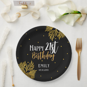 Elegant Happy 21st Birthday Gold Foliage Party Paper Plate