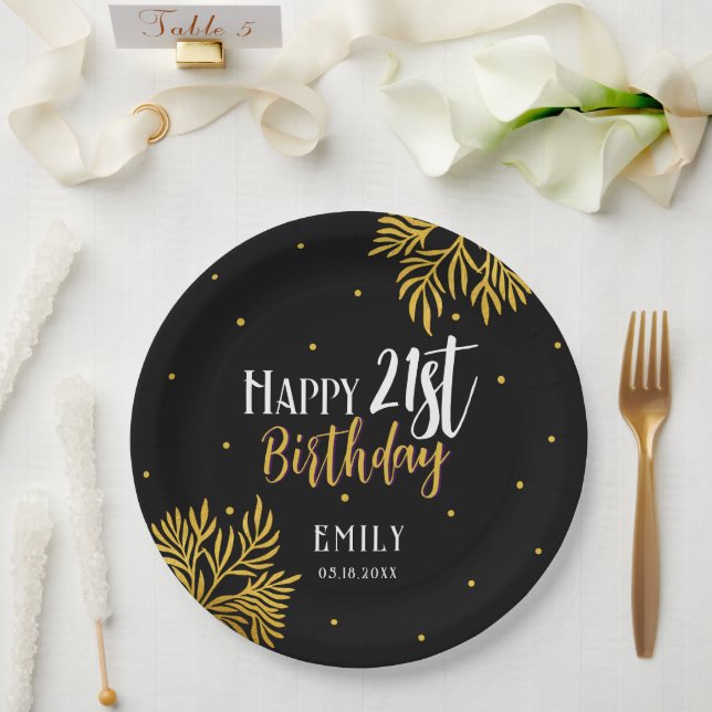 Elegant Happy 21st Birthday Gold Foliage Party Paper Plate (Wedding)