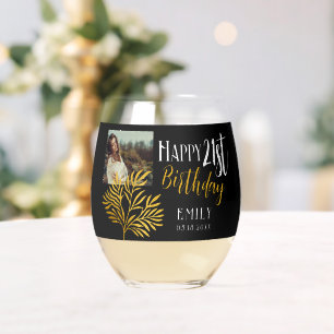 Elegant Happy 21st Birthday Gold Foliage Party Stemless Wine Glass