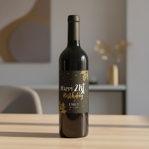 Elegant Happy 21st Birthday Gold Foliage Party Wine Label