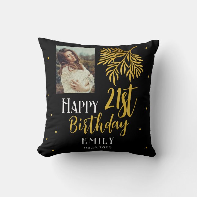 Elegant Happy 21st Birthday Gold Foliage Photo Cushion (Front)