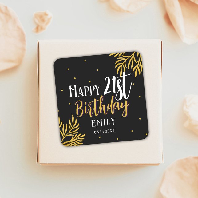 Elegant Happy 21st Birthday Gold Foliage Square Sticker (Creator Uploaded)