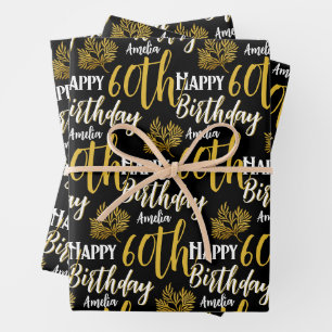 Elegant Happy 60th Birthday Black Gold Foliage Wrapping Paper Sheet