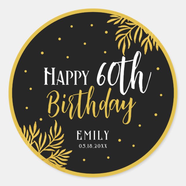 Elegant Happy 60th Birthday Gold Foliage Party Classic Round Sticker (Front)