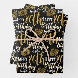 Elegant Happy 80th Birthday Black Gold Foliage Wrapping Paper Sheet