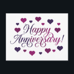 Elegant Happy Anniversary Postcard with Hearts<br><div class="desc">Celebrate love and milestones with this elegant Happy Anniversary postcard! Featuring a beautiful typography design surrounded by purple and pink hearts,  this card is perfect for sending heartfelt wishes to your loved ones. Ideal for couples,  anniversaries,  or romantic celebrations.</div>