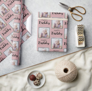 Elegant Happy Birthday Custom Photo Modern Pattern Wrapping Paper