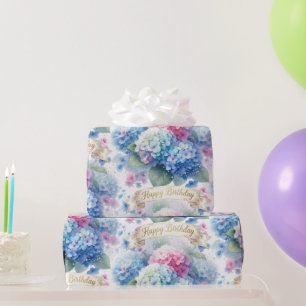 Elegant Happy Birthday Hydrangea Floral  Wrapping Paper