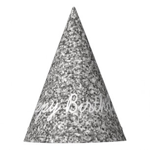 Elegant Happy Birthday in Faux Silver Glitters Party Hat