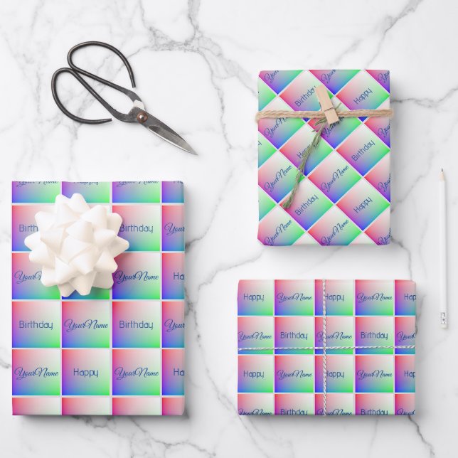 Elegant Happy Birthday Rainbow Art Squared Pattern Wrapping Paper Sheet (Front)