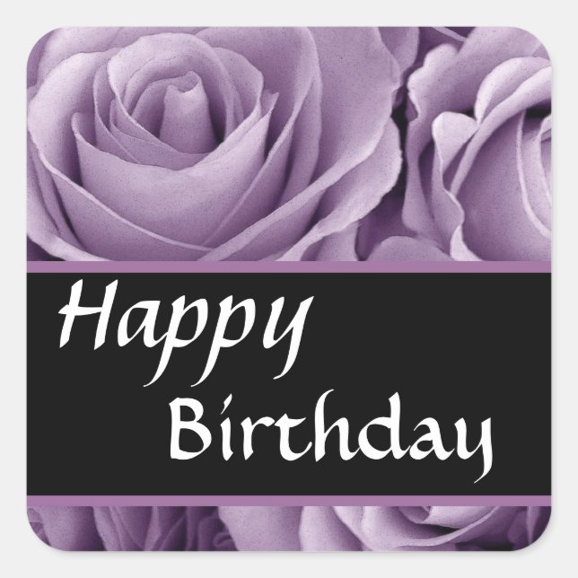 Elegant Happy Birthday Soft Purple Roses Square Sticker (Front)