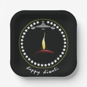 Elegant Happy Diwali Diya Flame Star Wreath Paper Plate