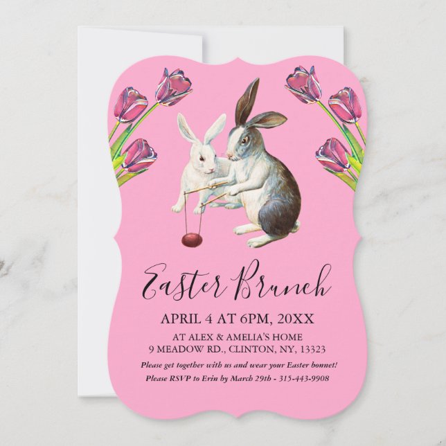 Elegant Happy Easter Bunnies Brunch Floral  Pink  Holiday Card (Front)