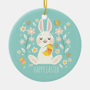 Elegant Happy Easter Bunny Ceramic Ornament