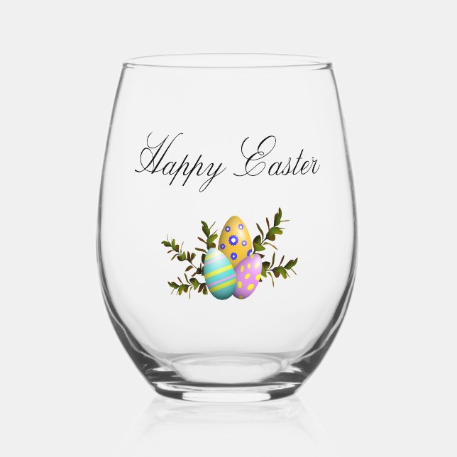 Elegant Happy Easter Decorative Eggs  Stemless Wine Glass (Front)