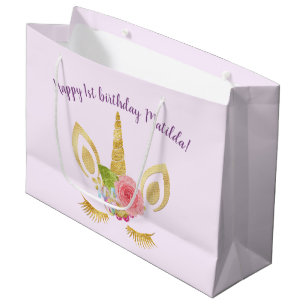 Elegant happy first birthday gold glitter unicorn large gift bag