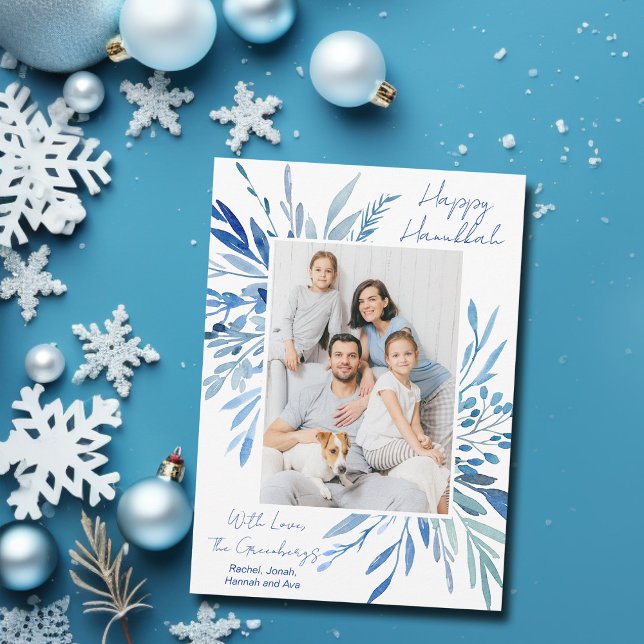Elegant Happy Hanukkah Blue Botanical Family Photo Holiday Card (Creator Uploaded)