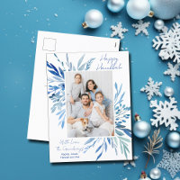 Elegant Happy Hanukkah Blue Botanical Family Photo