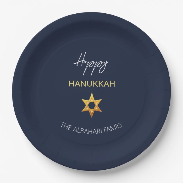 Elegant Happy Hanukkah Golden David Star Paper Plate (Front)