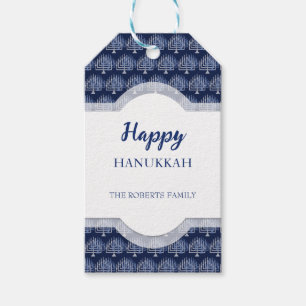Elegant Happy Hanukkah Menorah Pattern Blue Gift Tags