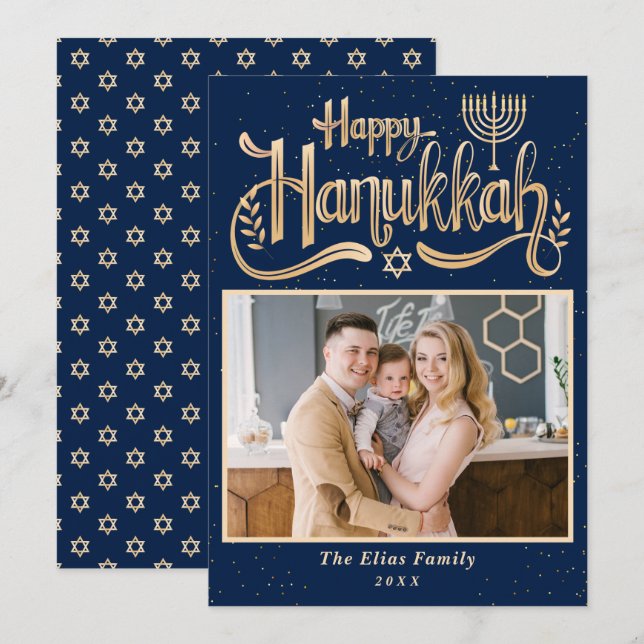 Elegant Happy Hanukkah Navy Blue and Gold Photo Holiday Card (Front/Back)